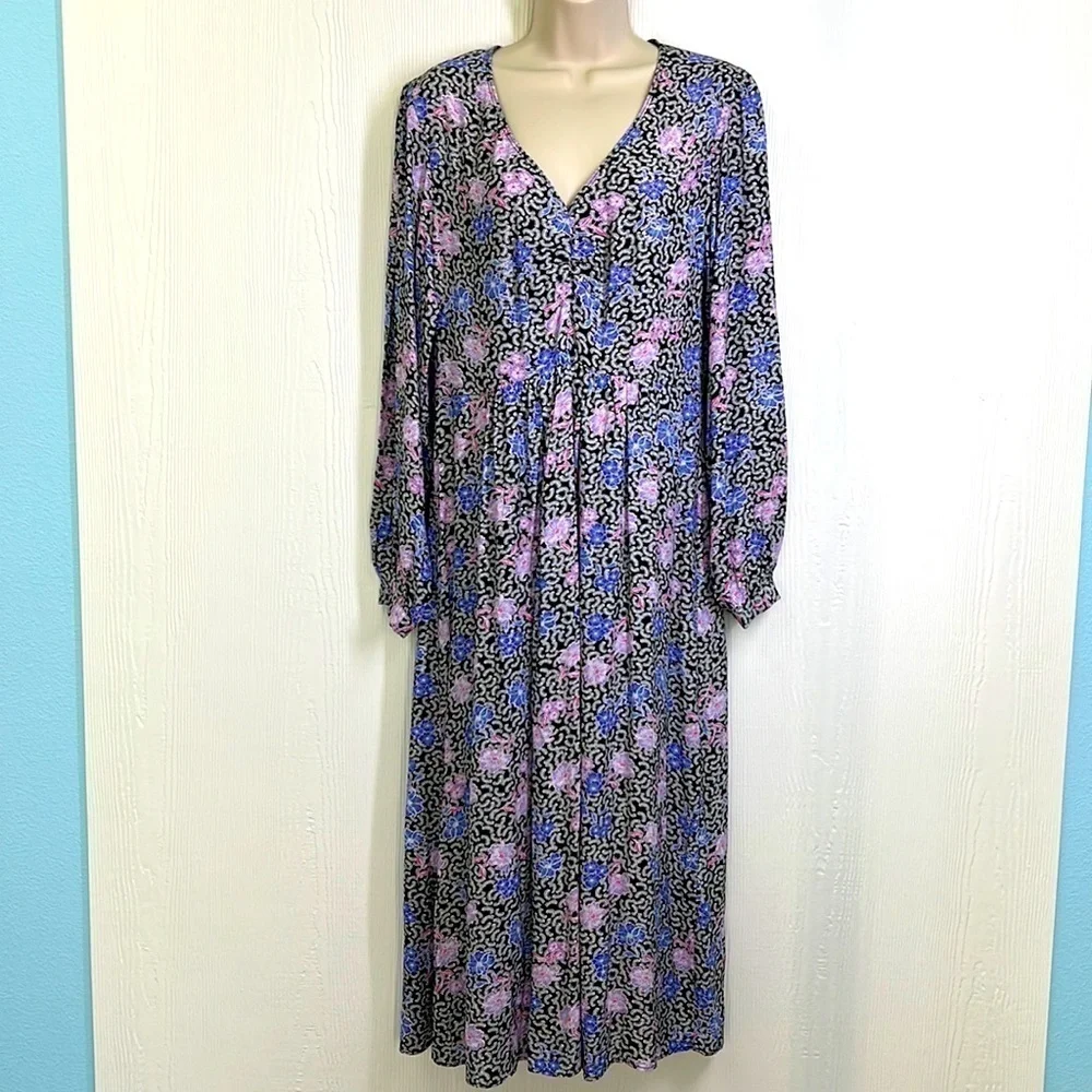 Loft - Colorful Floral Long Sleeve V Neck Ruched Midi Dress Size 6